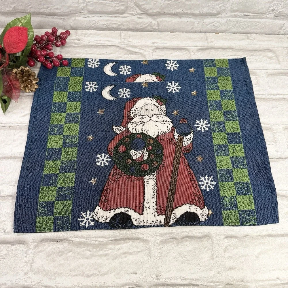 Vtg Tapestry Christmas Placemats Folk Art Santa Blue Green Plaid Cottagecore 2